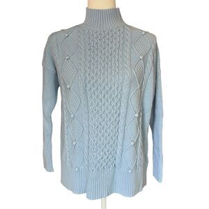 J Crew Swingy Cable Knit Sweater Blue Cotton Mock Neck Oversized Womens XS